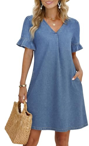 Fengbay Sommar denimklänningar för kvinnor UK V-hals volang kortärmad ledig elegant skiftande damer jeans skjorta klänning med fickor