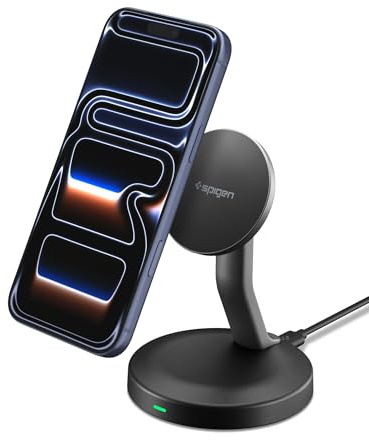 Spigen Essential 15W MagSafe Ladegerät Charger [inkl. 60W USB-C Kabel] Magnetische Kabellose Ladestation für iPhone 17e 17 Pro Max & MagSafe Hüllen für Samsung Galaxy S26, Pixel 10a 10 Pro XL, Schwarz