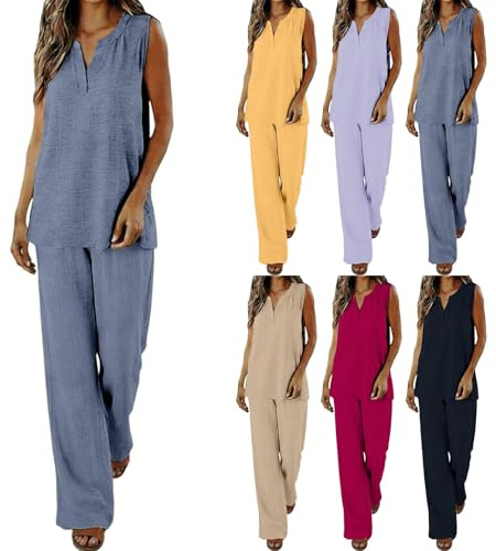 Completo Donna Elegante Gilet Completi Donna 2 Pezzi in Lino Estivi Set Casual Estivo Abbigliamento Camicia Mare Comfort Leggero Tuta da Casa Modello Slim Fit Coordinati con Pantaloni Tinta Unita
