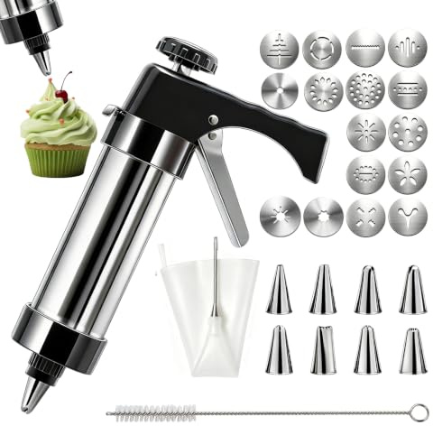 TINA.WIN Pressa per biscotti con cilindro in acciaio inox, set con 16 stencil e 8 ugelli, siringa per torte, siringa per panna, per pasticceria Churros, biscotti
