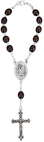 MaMeMi AUTOROSENKRANZ mit HOLZPERLEN & VERSCHLUSS – mit CHRISTOPHORUS & KRUZIFIX – Rückspiegel-Anhänger fürs Auto – GESCHENK FÜR FAHRANFÄNGER, Autofahrer – Original aus Italien