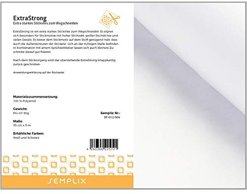SEMPLIX Extrastark – extra stark broderifleece för att klippa bort, särskilt för broderimotiv med hög stygntäthet/stor sticktäthet (vit, 35 cm x 5 m)