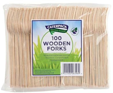 Caterpack Enviro Range Wooden Forks Made from sustainably sourced Birchwood, compostable and Biodegradable, 100 Pack