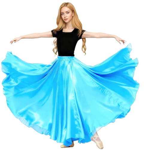 Baisdan - Gonna in Raso per Danza del Ventre, Costume da Festival, Gonna Lunga e Ampia, Blu Cielo, Taglia Unica