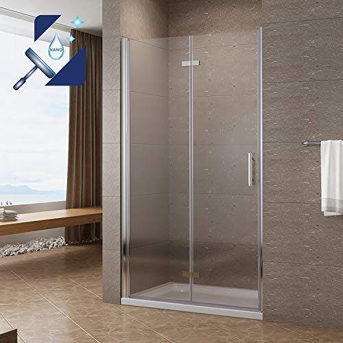 Rahmenlos Faltbare Duschtür Nische 90 cm Nischentür Dusche Nischenfalttür Drehfalttür Falttür 6 mm ESG Sicherheitsglas mit NANO Beschichtung | Verstellbereich 90-93,5 cm | Höhe 195 cm | AQUABATOS