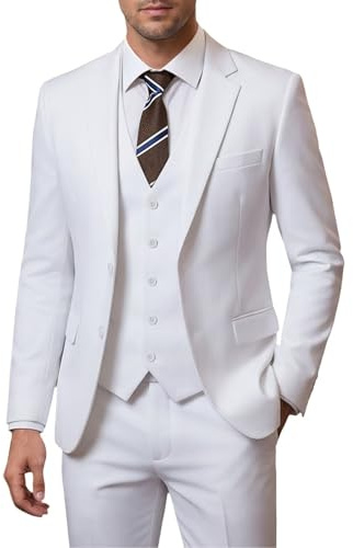 ZKHOECR Costume 3 pièces pour Homme, Coupe ajustée, avec Blazer à Deux Boutons, Gilet et Pantalon, Couleur Unie, pour Les Affaires et Les Mariages, Blanc, Taille M