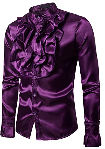 XIXIMAON Chemise à Volants Homme Slim Fit Chemise Médiévale Gothique Vintage Chemise Boutonnée à Manches Longues et Col Montant (Violet, XL)