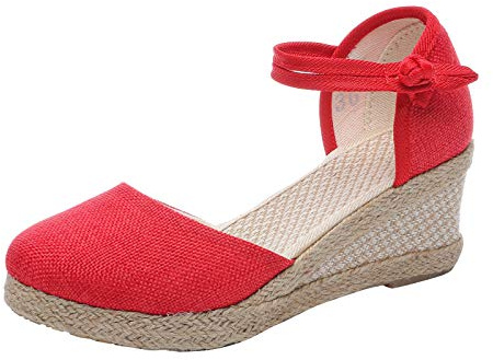 Women's Espadrilles Sandals, Breathable Cheap Women's Shoes Closed Soft Espadrilles with Wedge Heel Foldable Slip-On Lightweight Casual Shoes Ankle Strap Breathable Slippers, red, 7.5