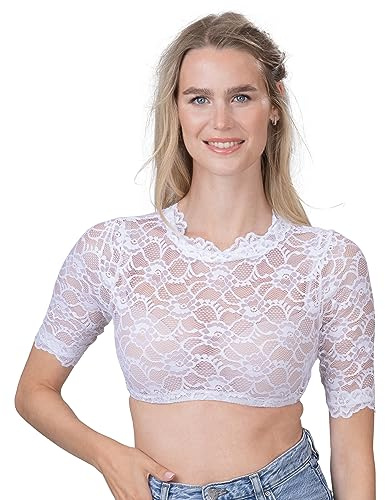 Schöneberger Trachten Couture Lene Women's High Neck Dirndl Blouse Partially Transparent Lace - White Stretch Dirndl Blouse, White, 20