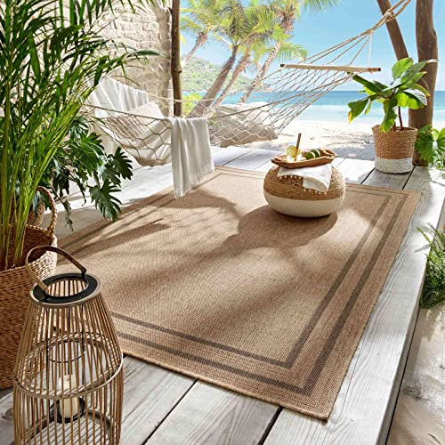 Outdoor & Indoor Teppich für Wohnzimmer Balkon Terrasse wetterfest Borneo Sisal-Jute-Optik naturfarben beige Bordüre schwarz 140x200 cm