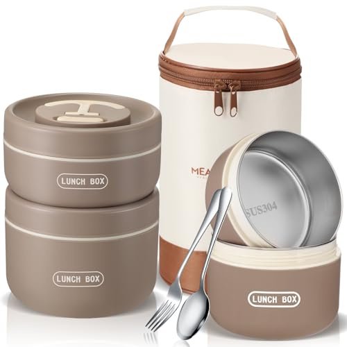 Dandat 3 Pcs Portable Insulated Lunch Container Set for Adult, Stackable Stainless Steel Bento Box for Hot Food with Insulated Lunch Bag Unisex 3 Separate Thermal Food Container(Khaki)