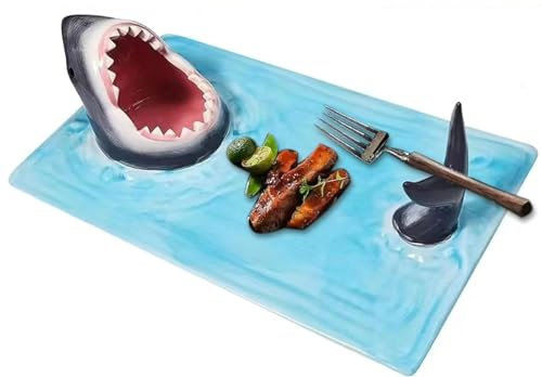 Shark Sushi-tallrik, Sushi-tallrikar, Handmålad keramisk Shark Sushi-tallrik, Hajformad tallrik med sojasåsskål och pinnhållare