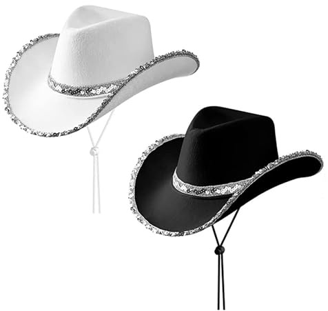 HDGSAFD 2 sombreros de vaquero occidental para mujer, con lentejuelas y ala plateada, adecuados para fiestas musicales y fiestas