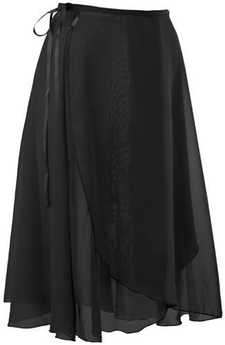 zffriction Damen Ballettrock Wickelrock Chiffon Tanzrock Verstellbare Taillenband Gymnastik Ballettrock für Erwachsene Frauen (DE/NL/SE/PL, Alphanumerisch, Einheitsgröße, Regular, Regular, Schwarz)