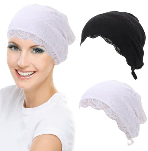 2Pcs Lace Cotton Elastic Muslim Inner Hijab Cap Women Girls Stretchy Undercap Beanie Turban with Ties Back Cancer Chemo Head Scarf Hat Headwrap Cover