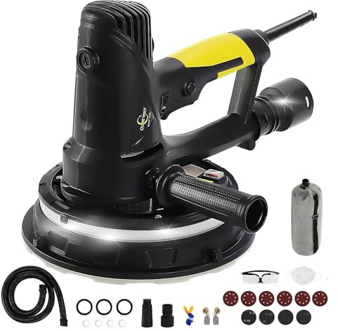 CUBEWAY Ponceuse murale pour cloisons sèches, 710W Moteur électrique 1200-2700TR/MIN, vitesse variable, aspiration réglable, grosse et fine abrasion, 10 disques à poncer,avec lumière LED