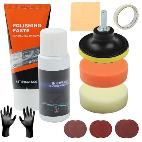 16 Pieses Car Headlight Restoration Kit, Car Headlight Scratch Repair Tool, Car Light Polishing Paste Car Care Repair Kit Cleaner with Rubber Gloves Air Grinder Sandpaper, Headlight Repair Polish