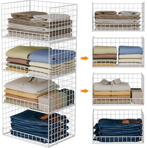 4-Tier Stackable Closet Organizers and Storage Basket, Foldable Closet Shelf Organizer System, Space-Saving Clothes Storage Drawer Organizer for Wardrobe, White