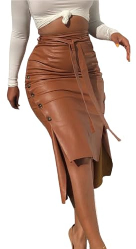 RSBFK Jupe crayon taille haute en similicuir pour femme avec bouton latéral, fente latérale et ceinture, kaki, XXL