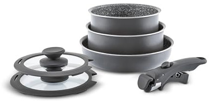 Karaca Comfort - Juego de sartenes de granito antiadherentes con tapa de cristal, 6 piezas, utensilios de cocina resistentes a los arañazos, 1 mango extraíble, olla de inducción y sartén, juego de 6