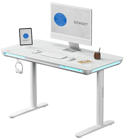SENSE7 Nomo LED Gaming Schreibtisch, 120x60cm, Höhenverstellbar, USB-C, USB 3.0, Glas, Schublade, Haken, Modern, Weiß, Erwachsener, Home Office, Büro, Lernzimmer, Wohnzimmer