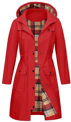 heekpek Veste Femme Imperméable à Capuche Longue Manteau de Pluie Femme Legere Trench Capuche Femme Poncho Pluie Impermeable Coupe Vent Printemps Été Automne, Rouge, L