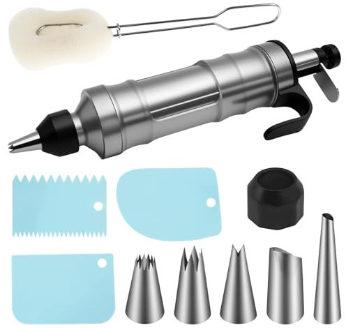 13 Stück Tortenspritze Garnierspritze set aus Edelstahl mit 6 Tüllen und 3 Cremeschabern,Torten Zubehör Komplettes Kuchen Dekorieren Set,Wiederverwendbares Kuchenspritze für Kekse,Cupcakes