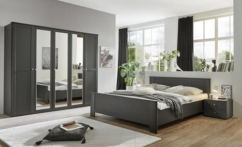 möbelando Komplettschlafzimmer >Chalet< in modernem Graphit-Design ? Set bestehend aus Drehtürenschrank mit 3 Spiegeltüren, 2 Nachtkommoden und Bett 180x200 cm ? Hochwertige Qualität, Made in Germany