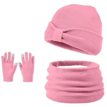 Enwokran Kids Winter Warm Beanie Hat Scarf Gloves Set, Fleece Lined Knit Hat with Twist Bow Knit Scarf Neck Warmer Touchscreen Gloves for Children Aged 3-8 (Red)
