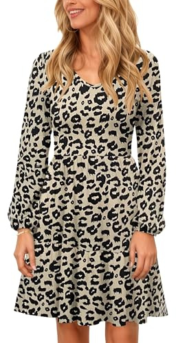 PLOKNRD Robe à Manches Longues pour Femme Col V avec Poches Midi Élégante Superposé en Couches Jupe Casual Taille Haute Léopard L