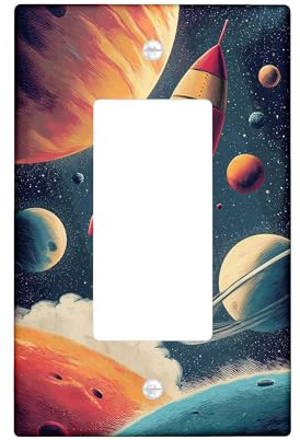 Rocket Single Rocker Light Switch Cover, Futuristic Playful Planets Stars None Red Plastic Standard Size Accents Wall Switch Plates for Living Room Bedroom Home Office Decor