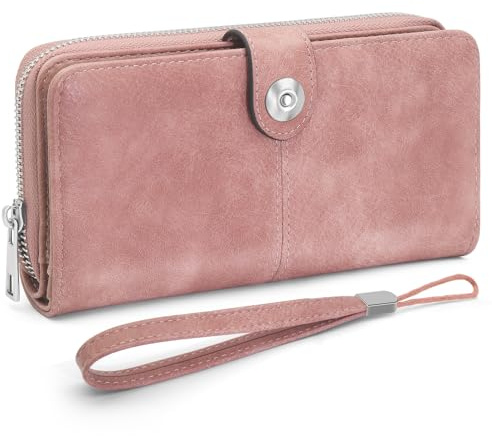 Geldbörse Damen Groß im Langformat Leder PU Portemonnaie Damen RFID Blockierung Große Kapazität Viel Kartenfächer Frauen Geldbeutel mit Reißverschluss Druckknopf und Münztasche Portmonee (rosa)
