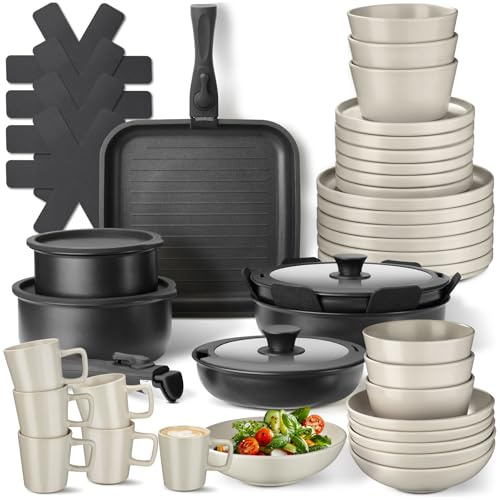 tectake® Set cucina x 6 persone 47 pezzi, stoviglie e pentole, 30 pcs tra piatti ciotole tazze, x microonde e lavastoviglie, 17 pcs tra padelle, grill coperchi pentole manici removibili - Nero/Tortora