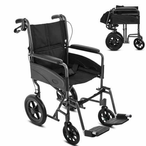 Lightweight Aluminium Folding Transit Compact Travel Wheelchair Net Carry Weight Only 9.5kg, Seatbelt, Attendant Brakes, Adjustable Footrests (Grey, Wide)