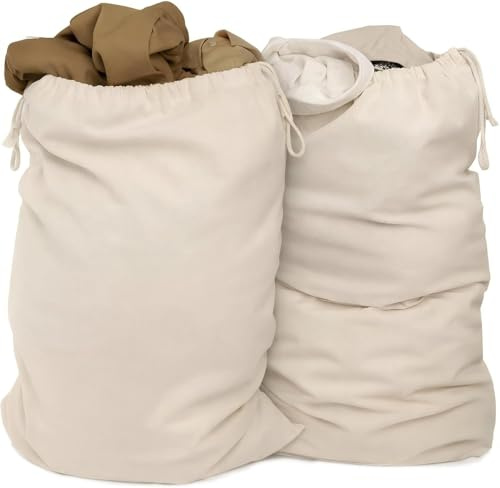 ELES VIDA® - XXL Sacs à linge 2 sets 70 x 90 cm 100% coton - XL Extra large Heavy Duty Sac à linge - durable, Avec cordon de serrage, Collecteur de linge de voyage Boîte à linge Sac Couleur Naturelle