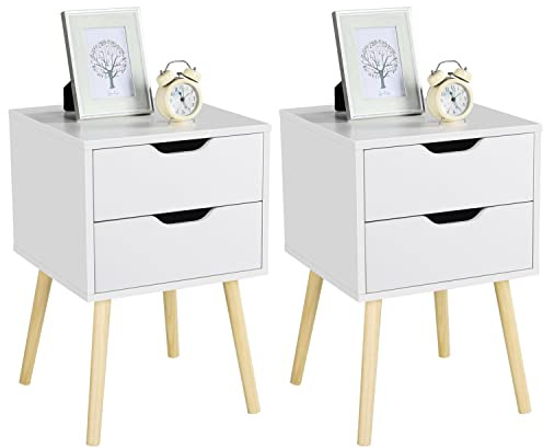 Yaheetech Mesitas de Noche Mesillas de Noche con 2 Cajones 40x40x61 cm Mesa Auxiliar de Madera para Dormitorio Salón Cama Oficina Estilo Moderno Blanco