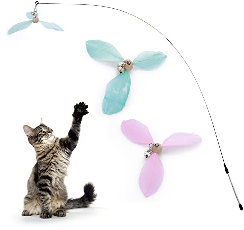 Cobee 2 Pcs Cat Feather Propeller Wand Toy Interactive Kitten Chaser Refill | Replacement Wand Refills String Attachments for Indoor Pet Small Cat Kitten Training Exerciser(Blue + Pink)