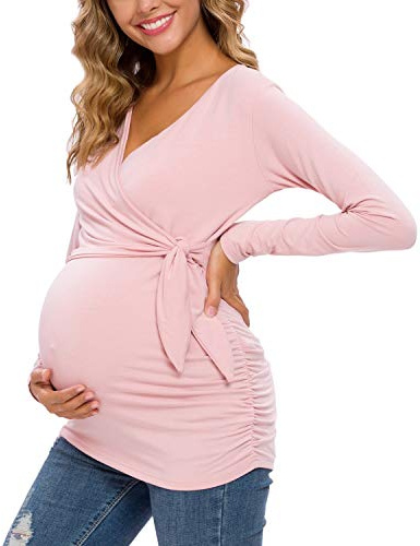 Love2Mi Donne maternità Allattamento Top Manica Lunga Scollo a V Carino Premaman Vestiti, Rosa Scuro - Lungo, S