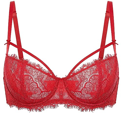 DOBREVA Donna Reggiseno Push Up Balconcino Taglie Forti con Ferretto Pizzo Senza Imbottitura Rossetto Rosso 3C