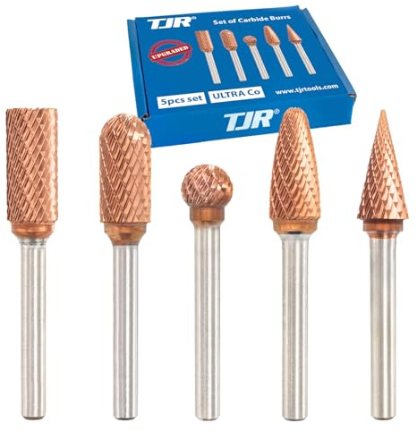 TJR® UTRA Co hårdmetallburr set 1/4 tum skaft 5 st formslipar bitar roterande raspfil för stål rostfritt stål härdat material aluminium trä slipning poring avgradning gravering polering dubbelskärning