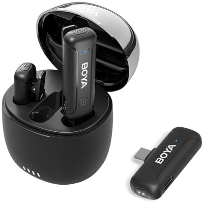 BOYA Microfono lavalier wireless per Android, cancellazione del rumore, USB C, con custodia di ricarica e trasmissione di 100 m, tempo di funzionamento 32 ore, per smartphone Android/laptop/Osmo