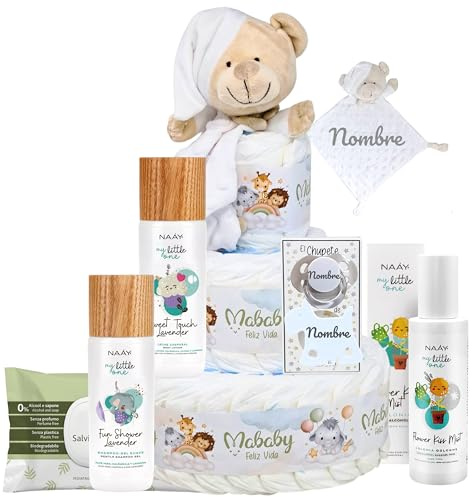 Mababyshop Tarta De Pañales Personalizada Lavender 3 Pisos 42 Pañales Talla 2 Con Doudou Osito Bordado Chupete Y Broche Con Nombre Set Cuidado Bebé Aroma Suave Toallitas Regalo Recién Nacido (Blanco)