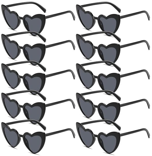 BINYI Occhiali da Sole Cuore Occhiali a Forma di Cuore per Donna Uomo Occhiali Bride Occhiali da Festa per Addio al Nubilato Matrimonio Festa Neri 10 Paia