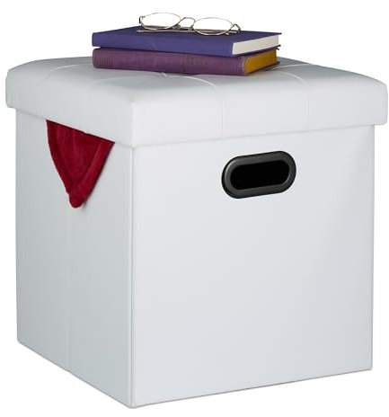 Relaxdays Hocker, Sitzhocker Stauraum, gepolstert, faltbar, HBT: 39x37x37 cm, Kunstleder, Sitzwürfel Wohnzimmer, weiß