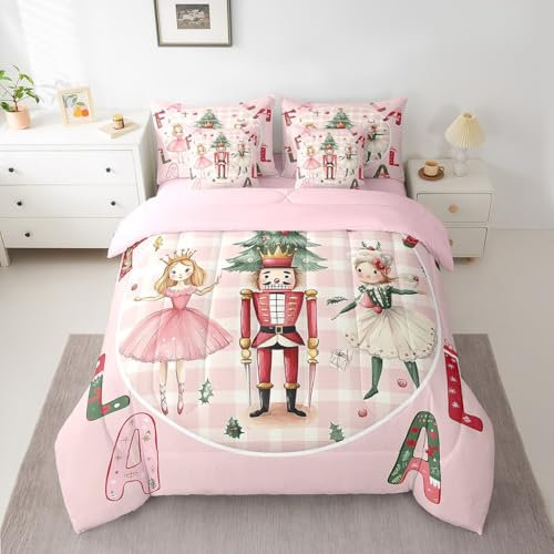 Erosebridal Rosa Weihnachtsbett in einer Tasche mit Bettlaken, Queen-Size-Nussknacker, 7-teiliges Bettdecken-Set für Kinder, Mädchen, Erwachsene, Winter, Weihnachten, Urlaub, Bettwäsche-Sets