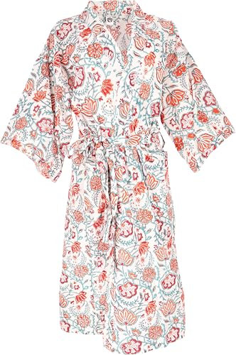 GURU SHOP Kimono im Japan Style, Handbedruckter Oversize Baumwoll Kimono Mantel, Kimonokleid - Weiß, Damen, Baumwolle, Size:L/XL