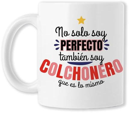 CLUBS Taza de Cerámica Blanca 325ml para Aficionados del Atlético de Madrid 'No Solo Soy Perfecto, También Soy Colchonero' – Regalo Navidad, Cumpleaños, Hombre, Amigo Invisible