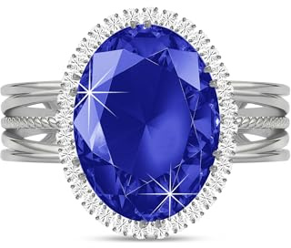 Linawe Silver Sapphire Blue Oval Birthstone Chunky Adjustable Statement Ring, Imitation Diamond Cocktail Ring