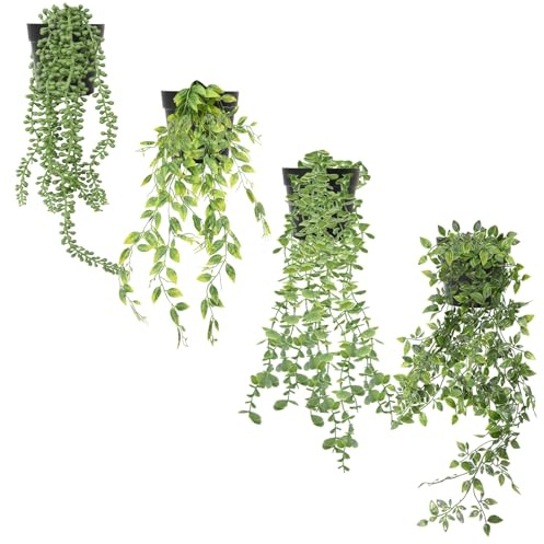 Zequech 4 macetas de Plantas Colgantes Verdes de imitación, Datura, eucalipto, Guisante, Perla, clorophytum comosum, terraza Interior y Exterior, Oficina, decoración de Boda, Paisaje Artificial