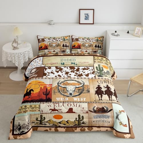 Feelyou Western Decor Comforter Set Toddler Size Wild Western Cowboy Comforter Set for Boys Girls Teens Rodeo Cowboy Style Bedding Set Boho Duvet Set Light Brown Quilt Set
